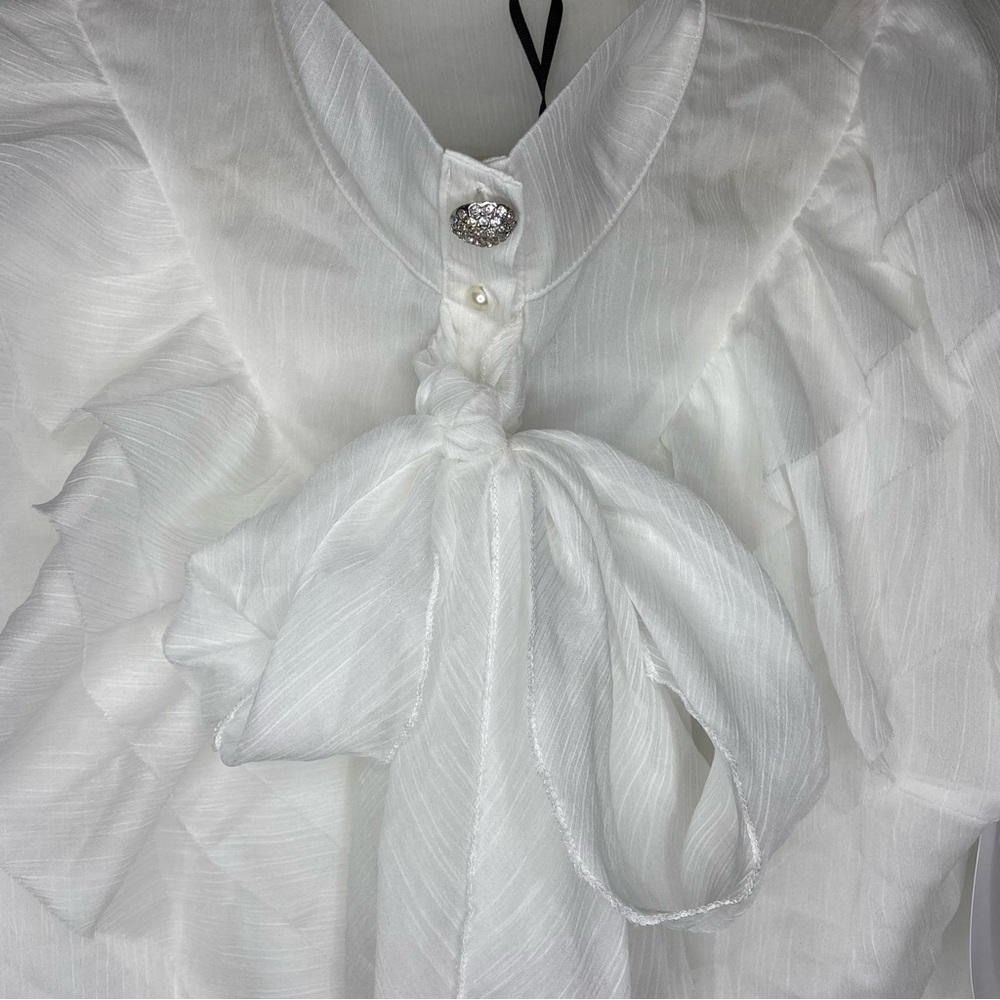 Forever Unique Organza Ruffle Trim Button Down Tie Blouse In White Size 14 - Picture 6 of 15
